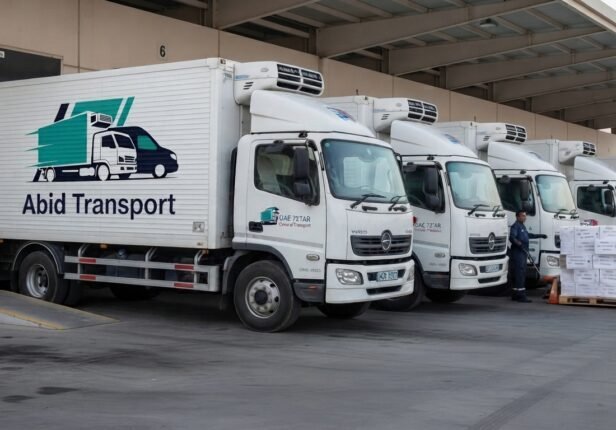 Abid Transport refrigerated chiller trucks parked in Dubai for cold chain logistics and temperature-controlled delivery services.